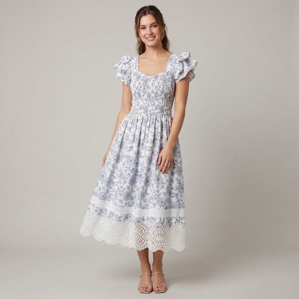Ivy City Co Hattie Midi Dress Cotton Floral White Blue Smocked Eyelet Hem Small